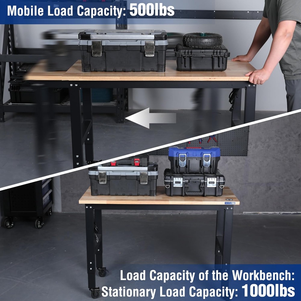 차고 작업대, 바퀴와 레벨링 풋이 있는 48X22 조절 - Workbench Woodworking 리뷰 및 가격